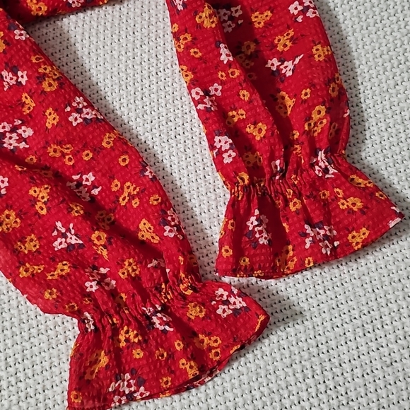 Free People Womens Red‎ Floral Chiffon Long Sleeve Mini A Line Dress Sz 0 EUC - Picture 10 of 16